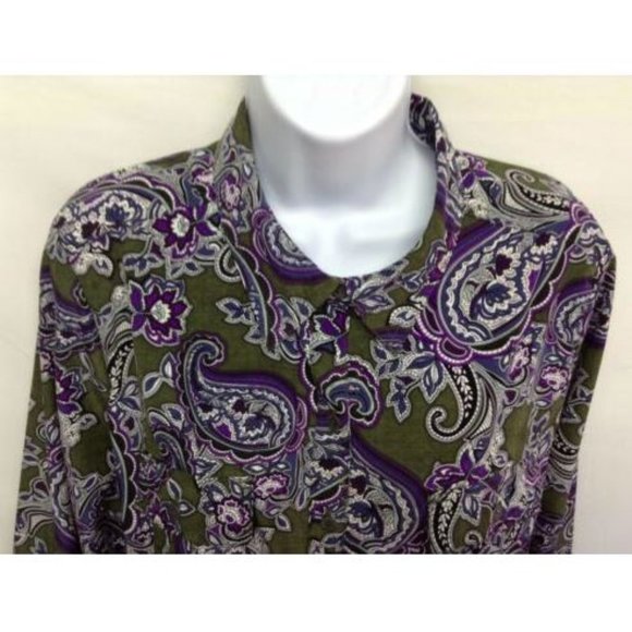 Women's Green Purple Paisley Long Sleeve Blouse XL - Picture 2 of 4